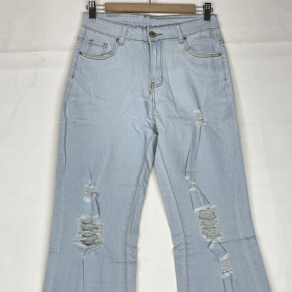 New Women’s Light Wash Distressed Flare Jeans Sz M Fits L XL Stretch High Rise - Picture 15 of 16